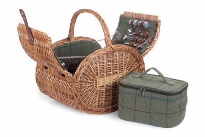 Red Hamper FH100 Wicker Oval 4 Person Green Tweed Picnic Basket