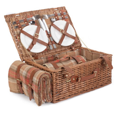 Red Hamper FH105 Wicker Autumn Red Tartan 4 Person Fitted Picnic Basket with Cooler