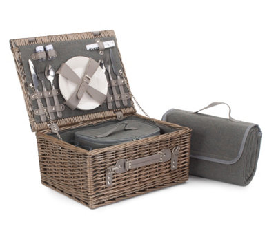 Red Hamper FH113 Wicker 2 Person Grey Tweed Fitted Picnic Basket