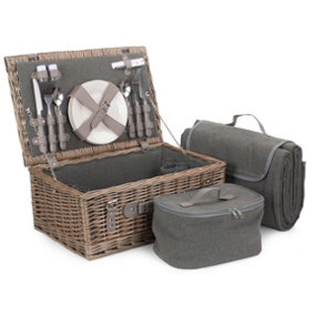 Red Hamper FH114 Wicker 4 Person Grey Tweed Fitted Picnic Basket