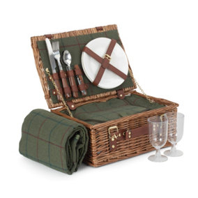 Red Hamper FH119 Wicker 2 Person Green Tweed Classic Picnic Basket