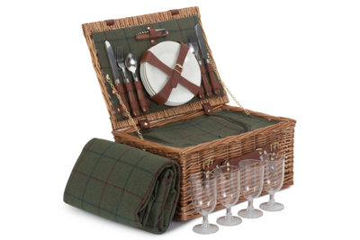 Red Hamper FH120 Wicker 4 Person Green Tweed Classic Fitted Picnic Basket