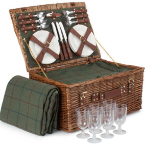 Red Hamper FH121 Wicker 6 Person Green Tweed Classic Picnic Basket