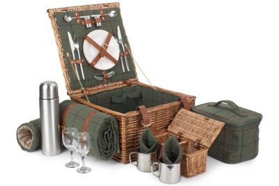 Red Hamper FH122 Wicker Deluxe Green Tweed 2 Person Fitted Picnic Basket