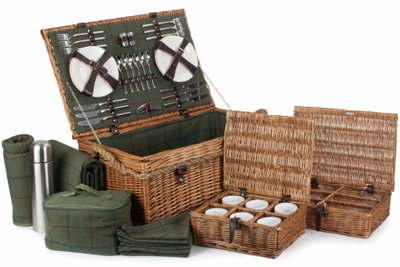 Red Hamper FH124 Wicker Rope Handled Green Tweed 6 Person Fitted Picnic Basket