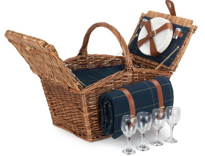 Red Hamper FH125 Wicker Elegant 4 Person Blue Tweed Fitted Picnic Basket