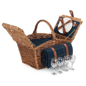Red Hamper FH125 Wicker Elegant 4 Person Blue Tweed Fitted Picnic Basket