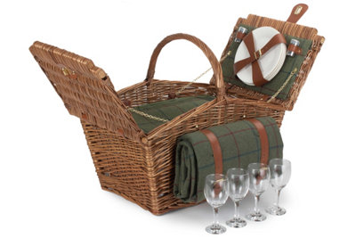 Red Hamper FH126 Wicker Elegant 4 Person Green Tweed Fitted Picnic Basket