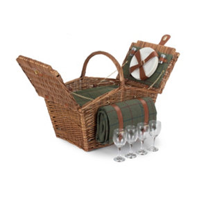 Red Hamper FH126 Wicker Elegant 4 Person Green Tweed Fitted Picnic Basket