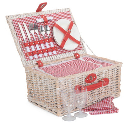 Red Hamper FH127 Wicker Red and White Gingham 2 Person Fitted Picnic Basket