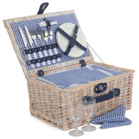 Red Hamper FH128 Wicker Blue and White Gingham 2 Person Fitted Picnic Basket