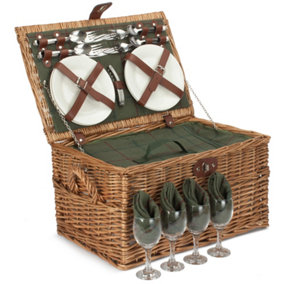 Red Hamper FH138 Wicker Four Person Green Tweed Chest Wicker Picnic Basket