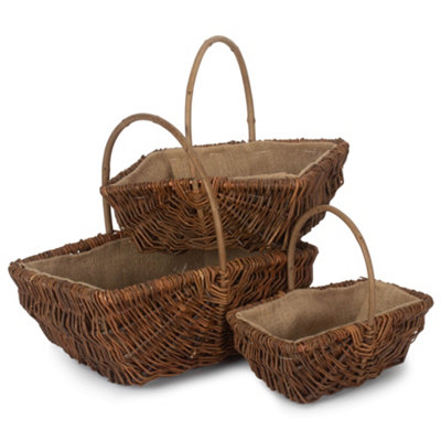 Red Hamper G049 Wicker Set of 3 Rectangular Unpeeled Willow Garden Trug With Hessian Lining