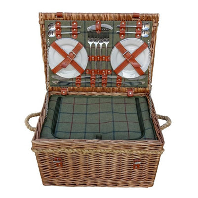 Red Hamper GG014/HOME Wicker Burghley 4 Person Green Tweed Fitted Picnic Basket