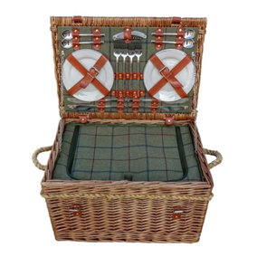Red Hamper GG014/HOME Wicker Burghley 4 Person Green Tweed Fitted Picnic Basket