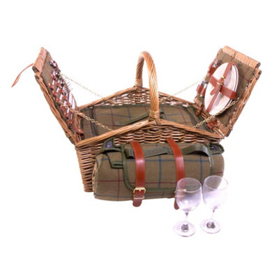 Red Hamper GG019/HOME Wicker Double Lidded 2 Person Green Tweed Fitted Picnic Basket