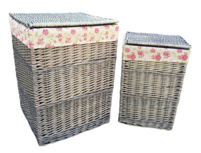 Red Hamper H022R Wicker Square Laundry Basket Set 2 With Garden Rose Lining