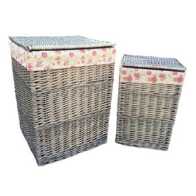Red Hamper H022R Wicker Square Laundry Basket Set 2 With Garden Rose Lining