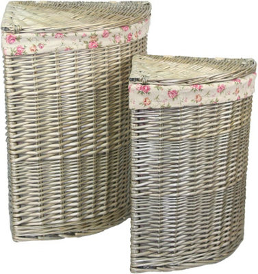 Red Hamper H034R Wicker Antique Wash Corner Linen Basket Set 2 With Garden Rose Lining