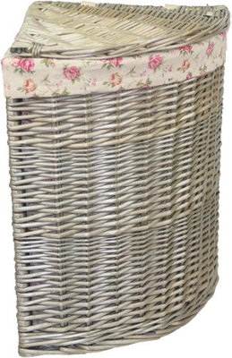 Red Hamper H034R Wicker Antique Wash Corner Linen Basket Set 2 With Garden Rose Lining
