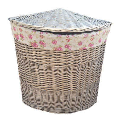 Red Hamper H034R Wicker Antique Wash Corner Linen Basket Set 2 With Garden Rose Lining