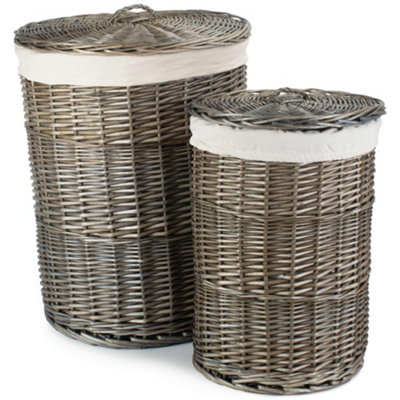 Red Hamper H035 Wicker Antique Wash Round Laundry Basket Set of 2