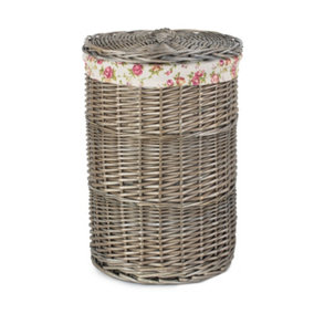 Red Hamper H035R/1 Wicker Small Antique Wash Round Linen Basket With Garden Rose Lining