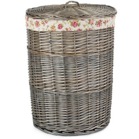 Red Hamper H035R/2 Wicker Large Antique Wash Round Linen Basket With Garden Rose Lining