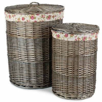 Red Hamper H035R Wicker Antique Wash Round Linen Basket Set 2 With Garden Rose Lining