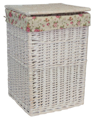 Red Hamper H078-1 Wicker Small Square White Wash Wicker Laundry Basket Rose Lining