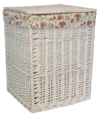 Red Hamper H078-2 Wicker Large Square White Wash Wicker Laundry Basket Rose Lining