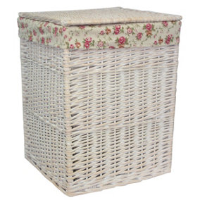 Red Hamper H078-2 Wicker Large Square White Wash Wicker Laundry Basket Rose Lining