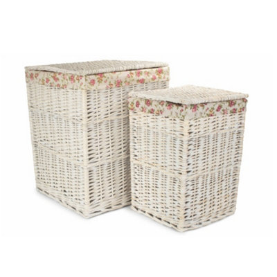 Red Hamper H078 Wicker Set of 2 Square White Wash Wicker Laundry Basket Rose Lining