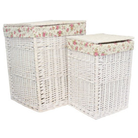 Red Hamper H078 Wicker Set of 2 Square White Wash Wicker Laundry Basket Rose Lining