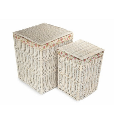 Red Hamper H078 Wicker Set of 2 Square White Wash Wicker Laundry Basket Rose Lining