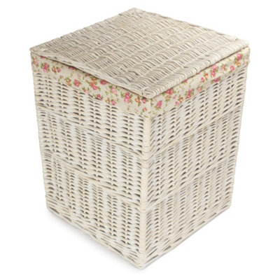Red Hamper H078 Wicker Set of 2 Square White Wash Wicker Laundry Basket Rose Lining