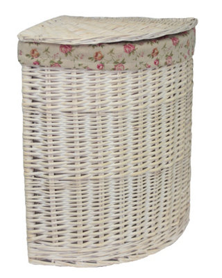 Red Hamper H079-1 Wicker Small Corner White Wash Laundry Basket with a Garden Rose Lining