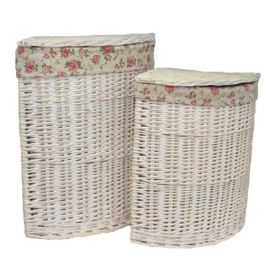 Red Hamper H079 Wicker Set of 2 Corner White Wash Laundry Basket with a Garden Rose Lining