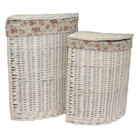 Red Hamper H079 Wicker Set of 2 Corner White Wash Laundry Basket with a Garden Rose Lining