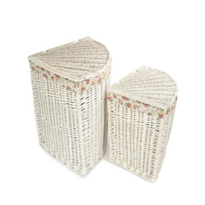 Red Hamper H079 Wicker Set of 2 Corner White Wash Laundry Basket with a Garden Rose Lining