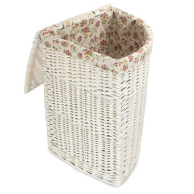 Red Hamper H079 Wicker Set of 2 Corner White Wash Laundry Basket with a Garden Rose Lining