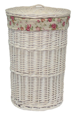 Red Hamper H080-1 Wicker Small Round White Wash Laundry Baskets with a Garden Rose Lining