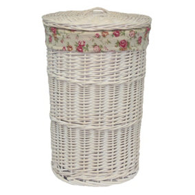 Red Hamper H080-1 Wicker Small Round White Wash Laundry Baskets with a Garden Rose Lining