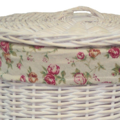 Red Hamper H080-1 Wicker Small Round White Wash Laundry Baskets with a Garden Rose Lining