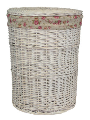 Red Hamper H080-2 Wicker Small Round White Wash Laundry Baskets with a Garden Rose Lining