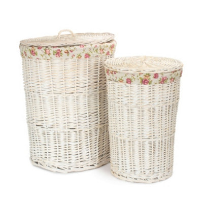 Red Hamper H080 Wicker Set of 2 Round White Wash Laundry Baskets with a Garden Rose Lining