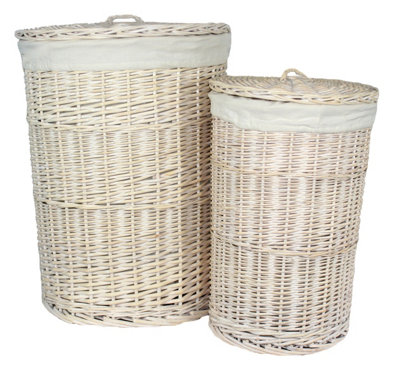 Red Hamper H083 Wicker Set of 2 Round White Wash Laundry Basket with a White Lining