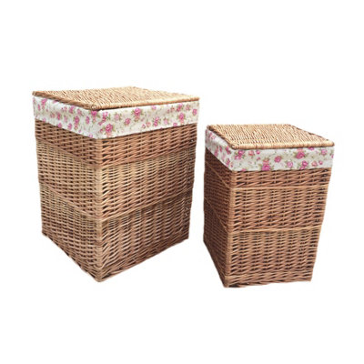 Red Hamper H095R Garden Rose Lining Set of 2 Light Steamed Square Laundry Wicker Basket