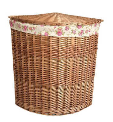 Red Hamper H096R/2 Wicker Large Light Steamed Corner Laundry Baskets with Garden Rose Lining