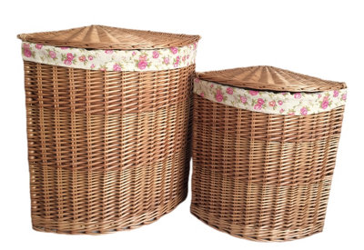 Red Hamper H096R Wicker Set of 2 Light Steamed Corner Laundry Baskets with Garden Rose Lining